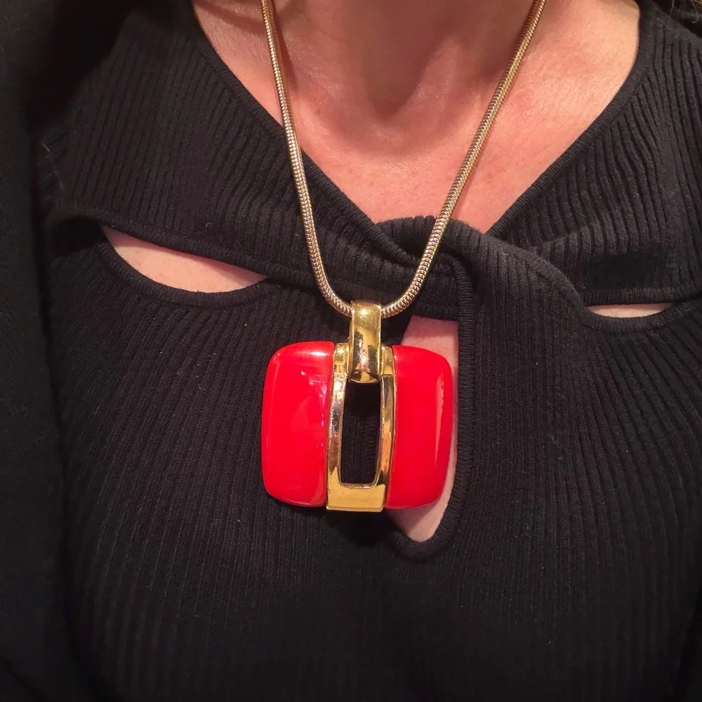 LANVIN Vintage 1970s Gold Plated and Red Pendant Keyhole Necklace w/ Snake Chain